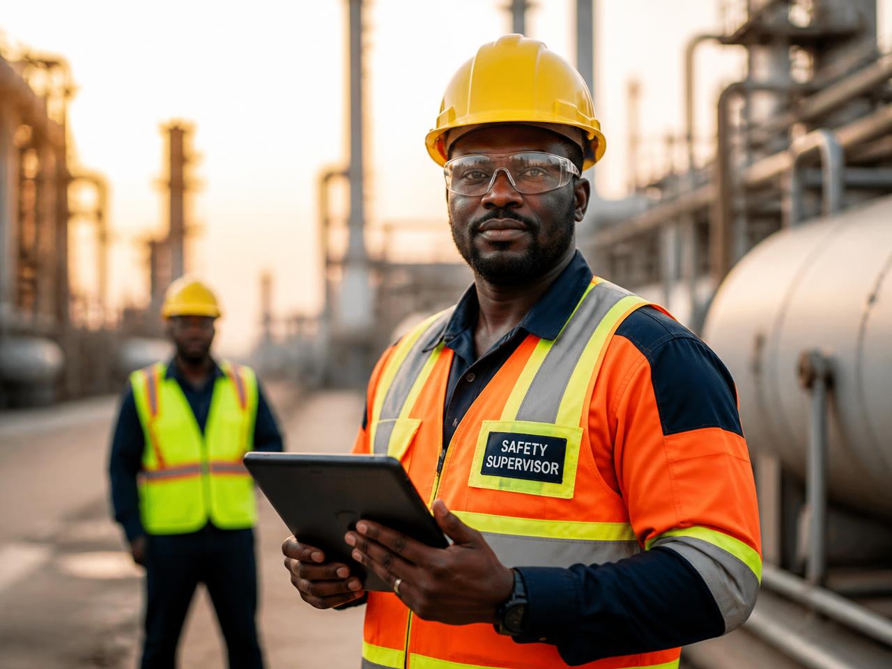 Safety officer briefing personnel at an industrial facility
